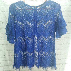 INNY Womens Blue Lace Floral Bell Sleeve Round Neck Back Zip Blouse Top Size S